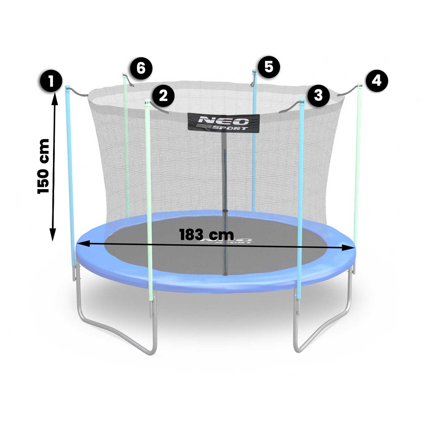 Niebieska trampolina z siatką zabezpieczającą. Ma średnicę 183 cm i wysokość 150 cm. Marka to NEO SPORT.