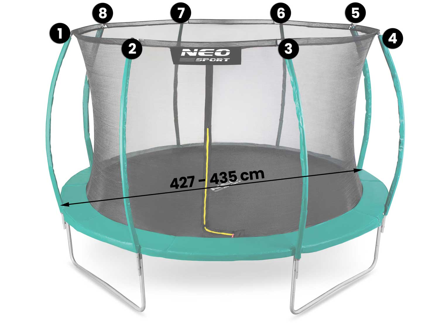 Trampolina z zieloną ramą i siatką zabezpieczającą. Wymiary to 427-435cm. Marka 'NEO SPORT'.