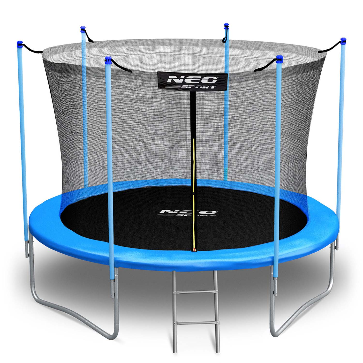 Niebiesko-czarna trampolina NEO Sport. Ma siatkę bezpieczeństwa, drabinę i niebieską ramę. Mata jest czarna. Logo jest widoczne.