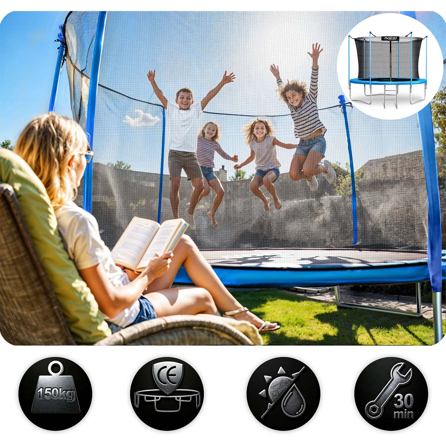 Kobieta czyta, podczas gdy dzieci skaczą na trampolinie. Trampolina jest w tle. Obecne są ikony wagi, CE, słońca i klucza.