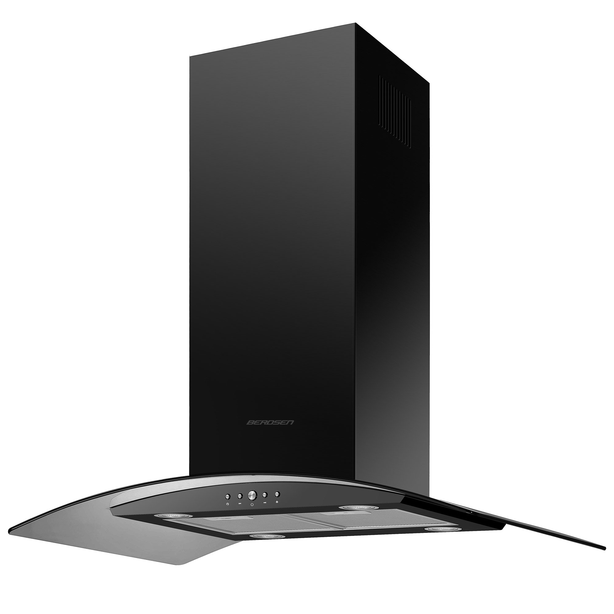 Czarny okap kuchenny z zakrzywionym szklanym frontem. Posiada przyciski sterujące i metalową siatkę.