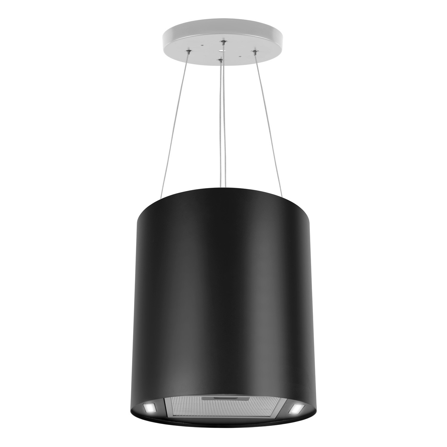 Czarny, cylindryczny okap kuchenny wisi pod sufitem. Ma srebrną podstawę i dwa światła na dole. Przewody łączą go z sufitem.