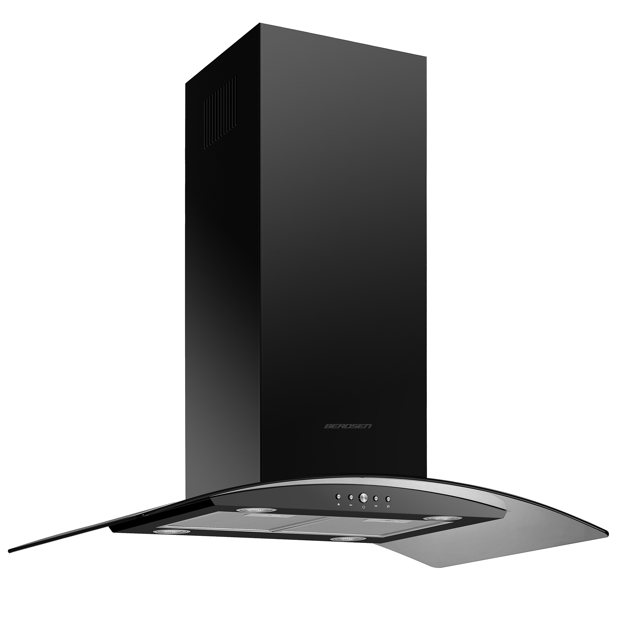 Pokazano czarny okap kuchenny BEROSEN. Ma prostokątny korpus i zakrzywioną szklaną podstawę z elementami sterującymi.
