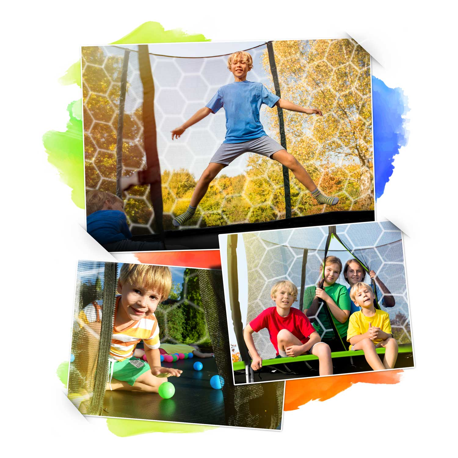 Dzieci bawią się na trampolinie. Jeden chłopiec skacze, inni siedzą i bawią się piłkami. W tle drzewa.