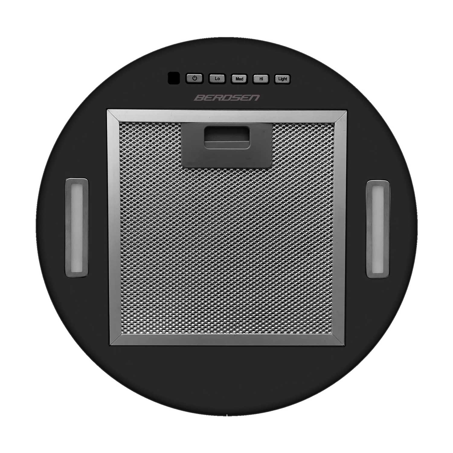 Czarny okap z filtrem z siatki metalowej. Elementy sterujące: włącznik/wyłącznik, prędkość wentylatora, światło. Srebrna ramka. Dwa światła boczne.