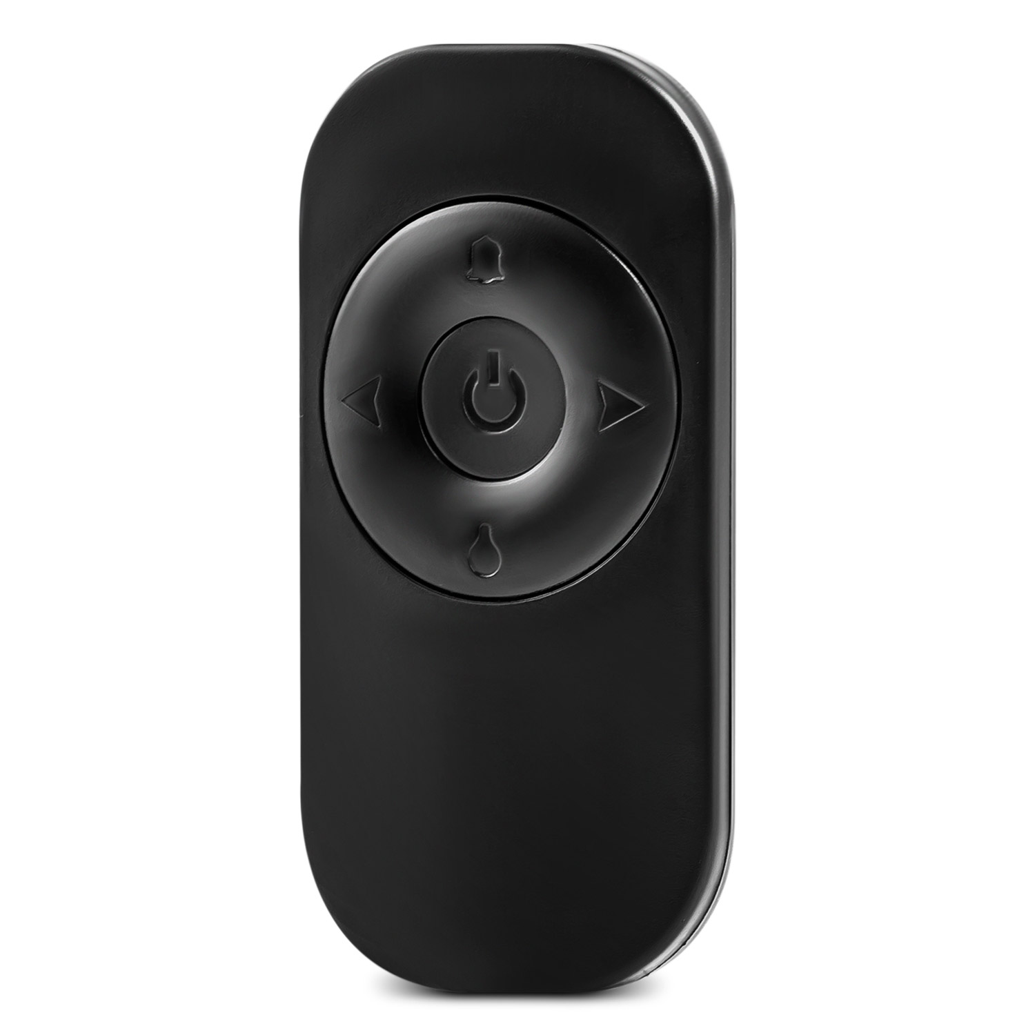 Czarny pilot na białym tle. Posiada okrągły panel sterowania z przyciskiem zasilania i strzałkami kierunkowymi.