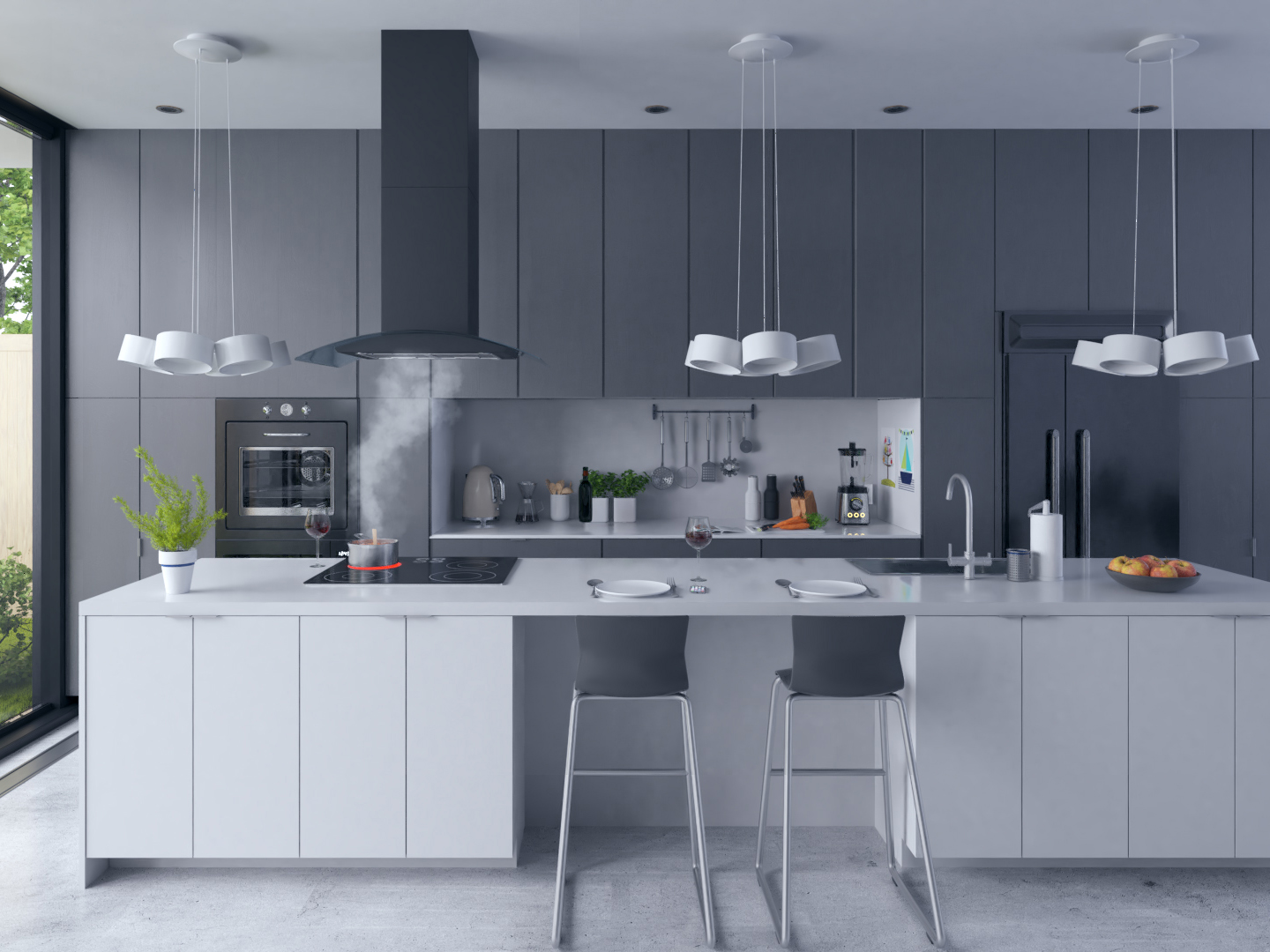 Nowoczesna kuchnia z wyspą. Garnek na parującym palniku. Białe szafki, szare ściany i lampy wiszące. Dwa stołki barowe.