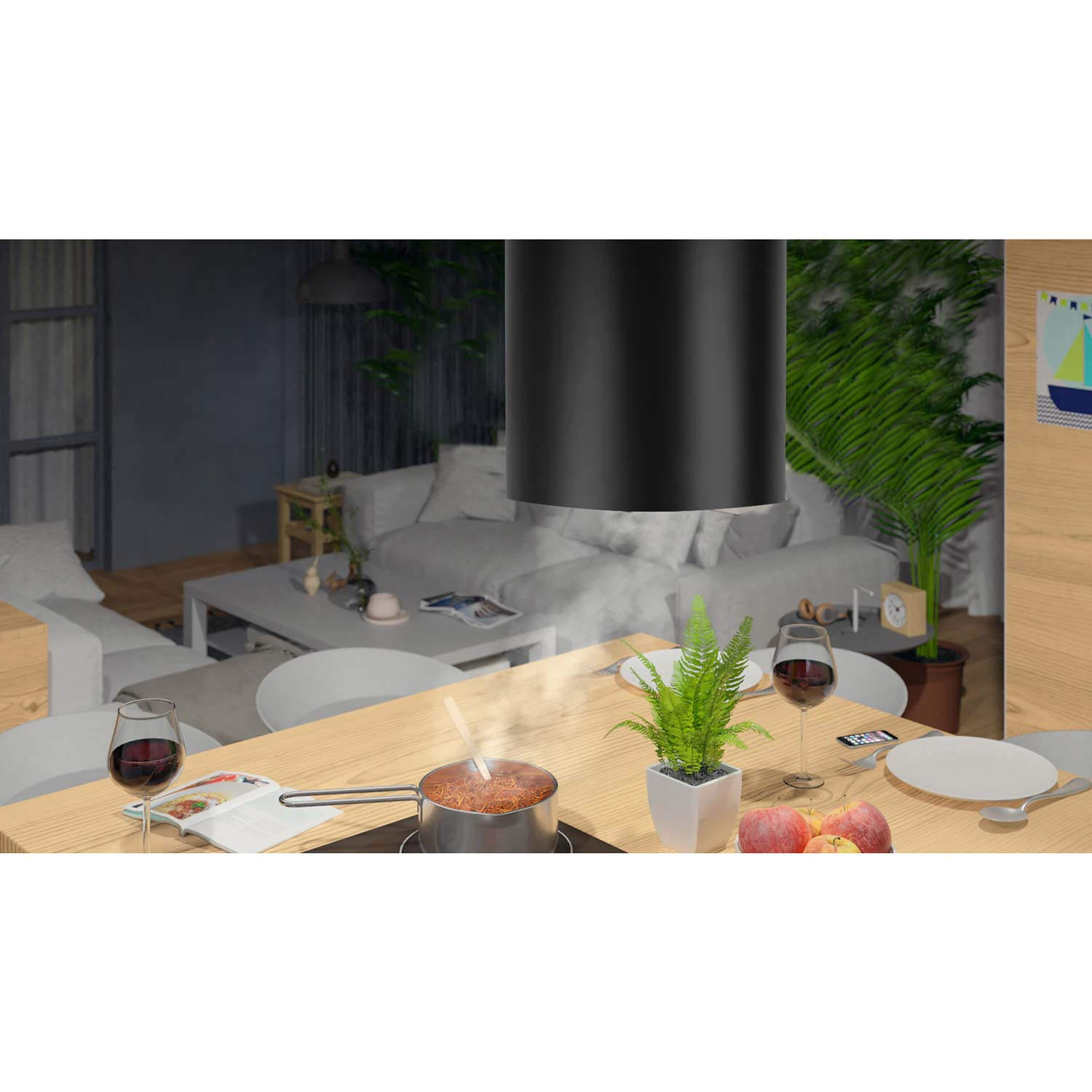 Scena kuchenna z garnkiem, kieliszkami do wina, jabłkami i paprocią. Tło z sofą, stołem i rośliną.