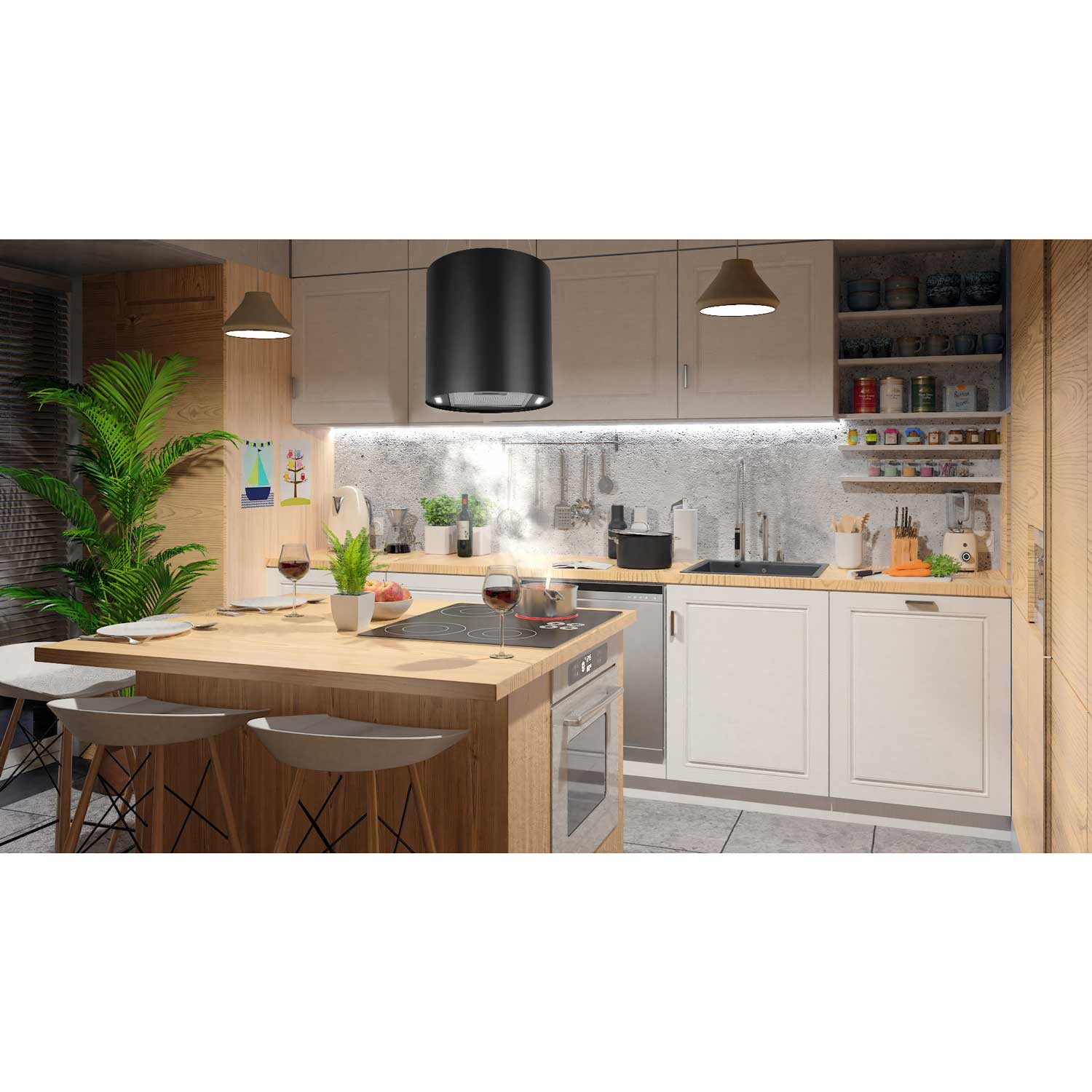 Nowoczesna kuchnia z drewnianą wyspą, stołkami i sprzętem. Duża roślina i czarny okap kuchenny są widoczne.