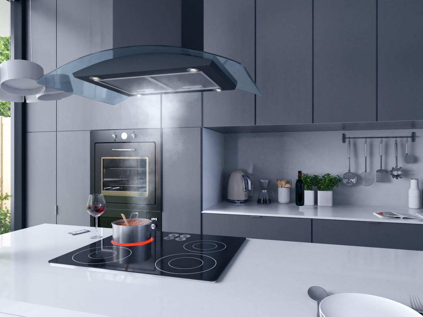 Nowoczesna kuchnia z garnkiem na kuchence, kieliszkiem do wina i piekarnikiem. Tło z przyborami kuchennymi, roślinami i białym blatem.