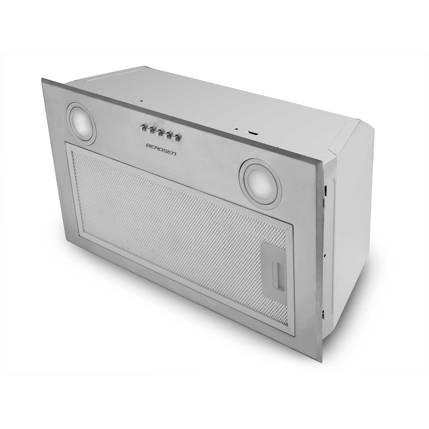 Wyświetlana jest srebrna obudowa Berdsen. Posiada dwa światła, filtr siatkowy i przyciski sterowania. Tło jest białe.