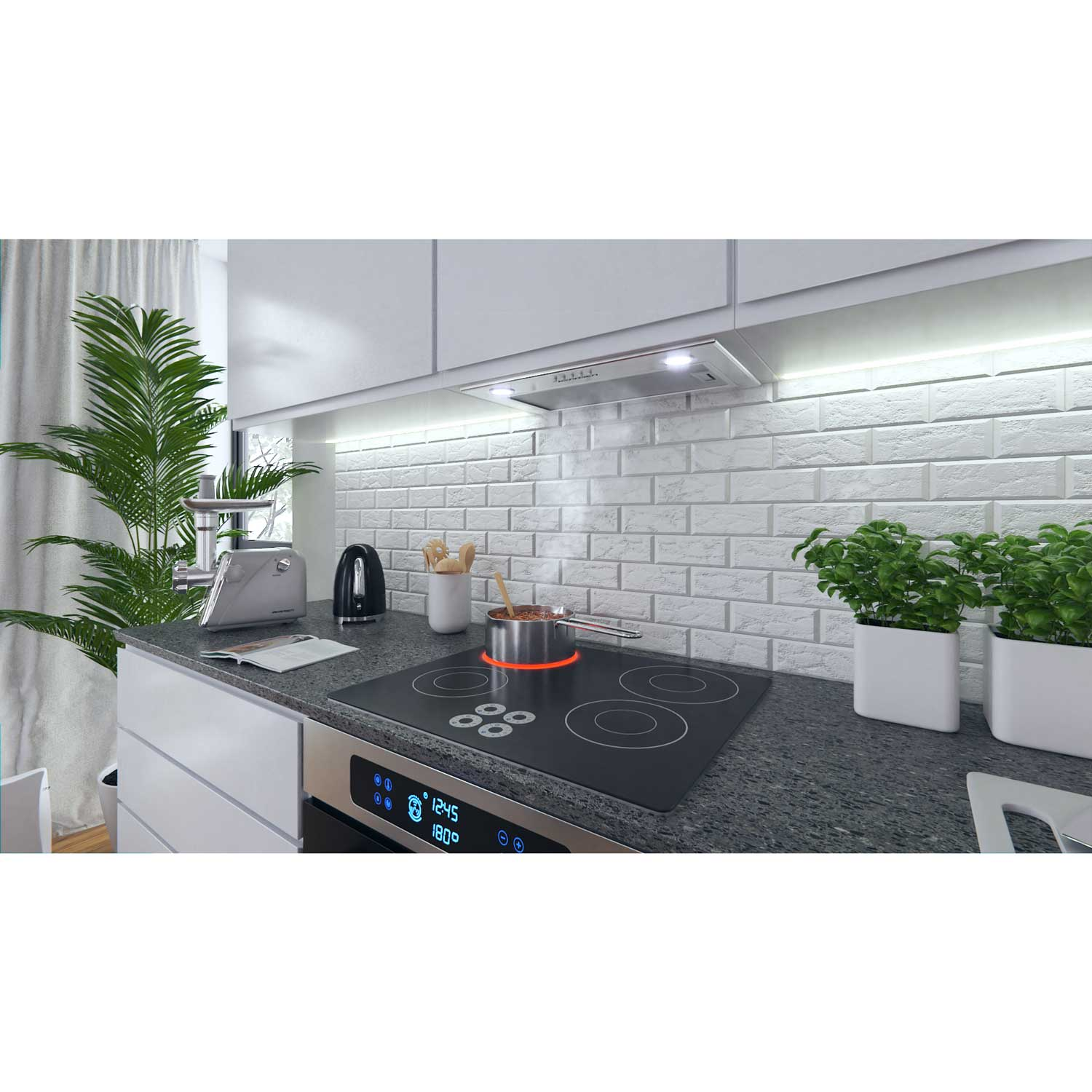 Nowoczesna kuchnia z kuchenką, garnkiem, tosterem, czajnikiem i roślinami na blacie. Biała ceglana ściana i szafki dopełniają scenę.