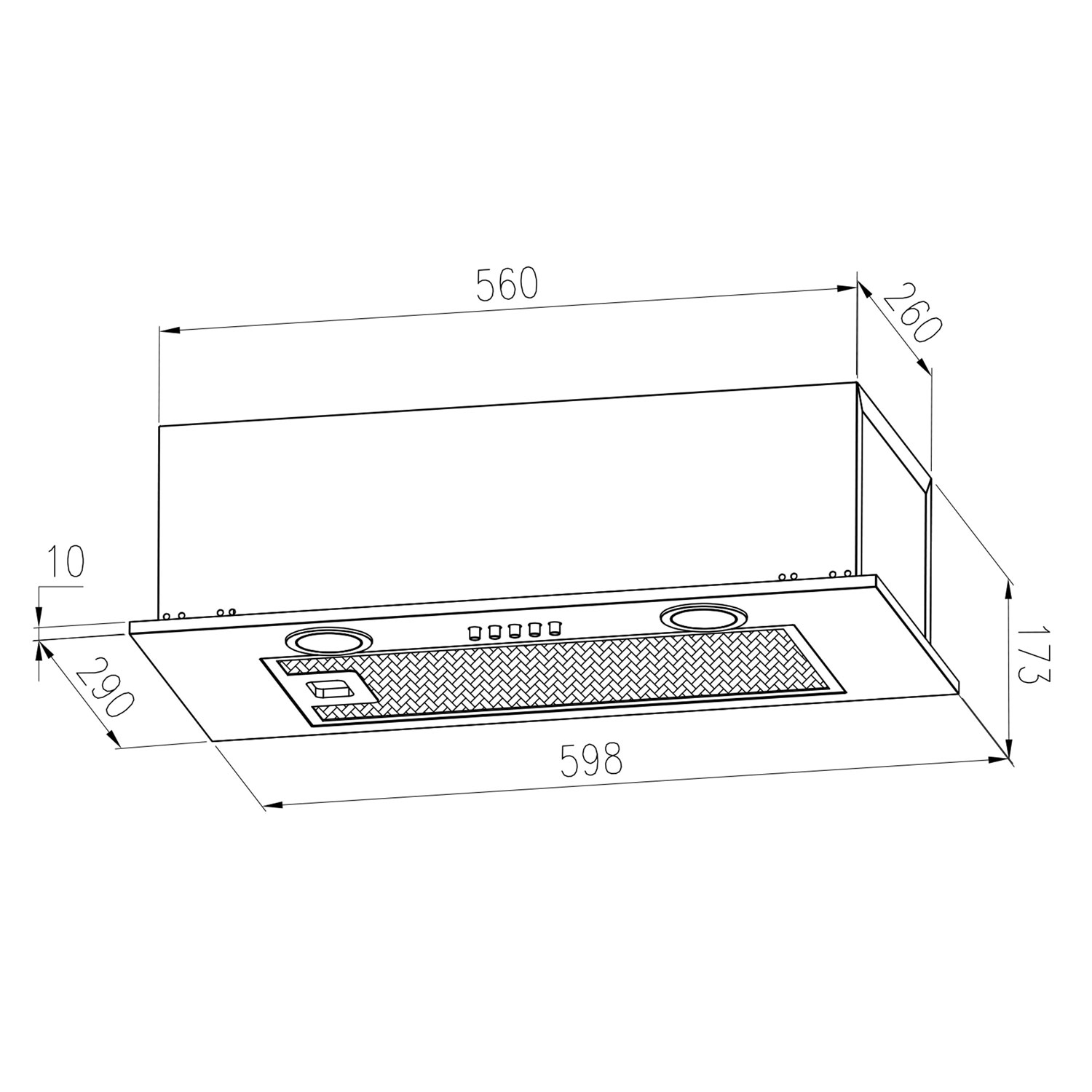 Rysunek linii okapu kuchennego z wymiarami. Okap ma kształt prostokąta z siatką drucianą i dwoma okrągłymi otworami.