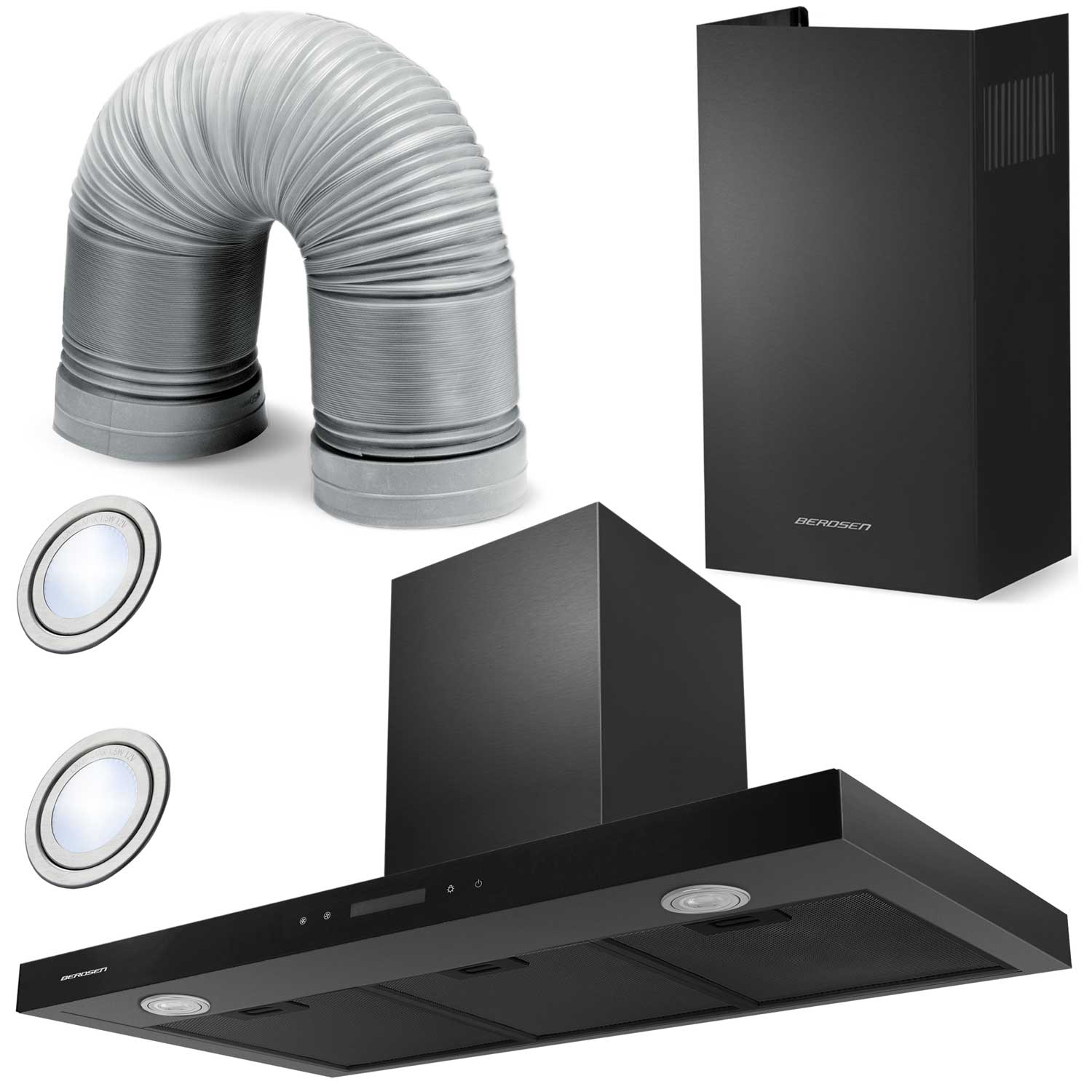 Czarny okap Berosen z rurą wentylacyjną, światłami i czarnym kominem. Elementy są na białym tle.