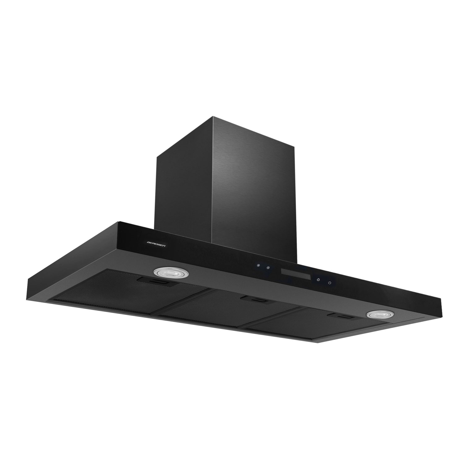 Czarny okap kuchenny. Ma prostokątną podstawę z dwoma światłami i kominowym otworem wentylacyjnym.