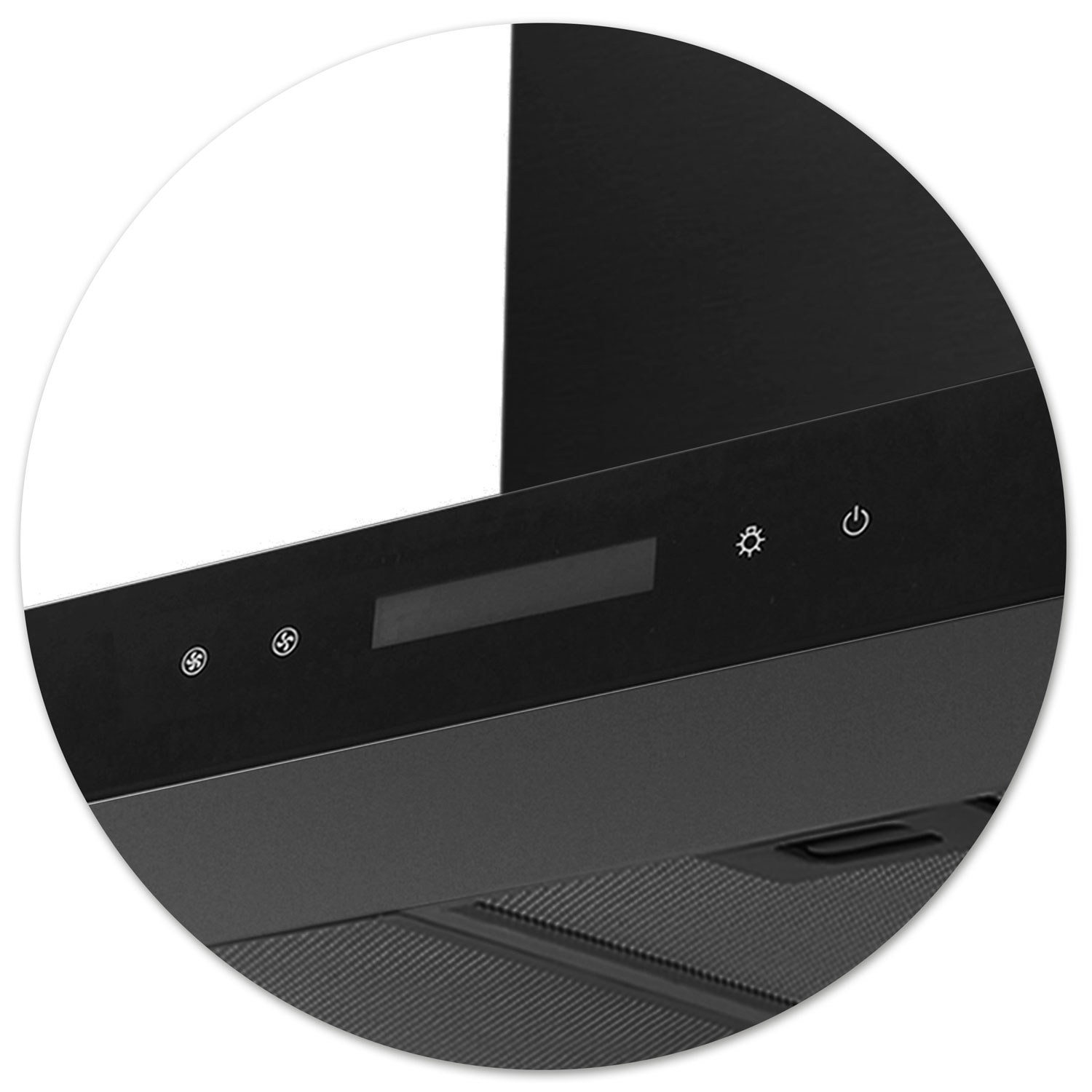 Zbliżenie czarnego panelu sterowania okapu. Posiada ikony prędkości wentylatora, światła i zasilania.