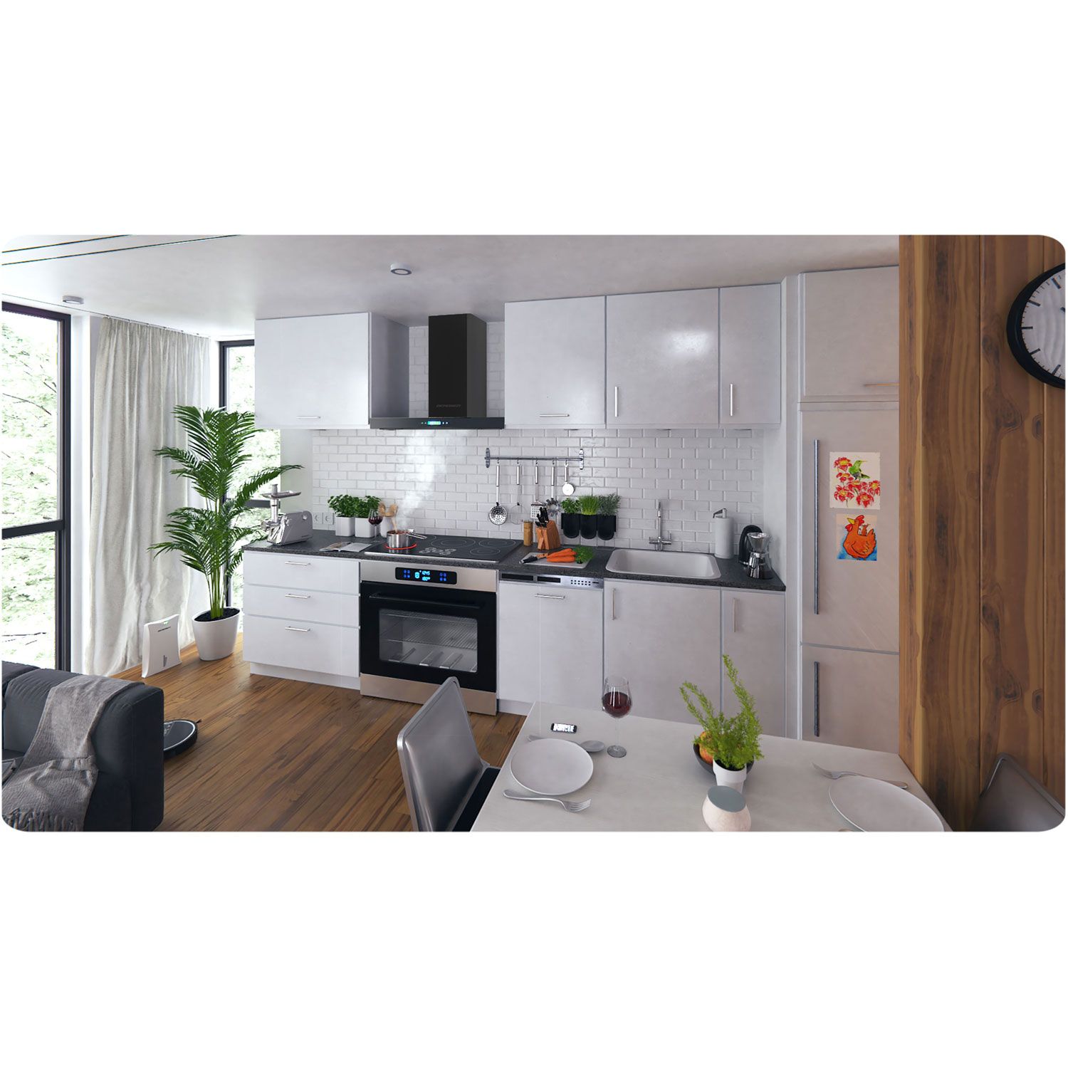 Nowoczesna kuchnia z białymi szafkami, urządzeniami ze stali nierdzewnej, stołem jadalnym i częścią dzienną. Drewniana podłoga i duże okna.