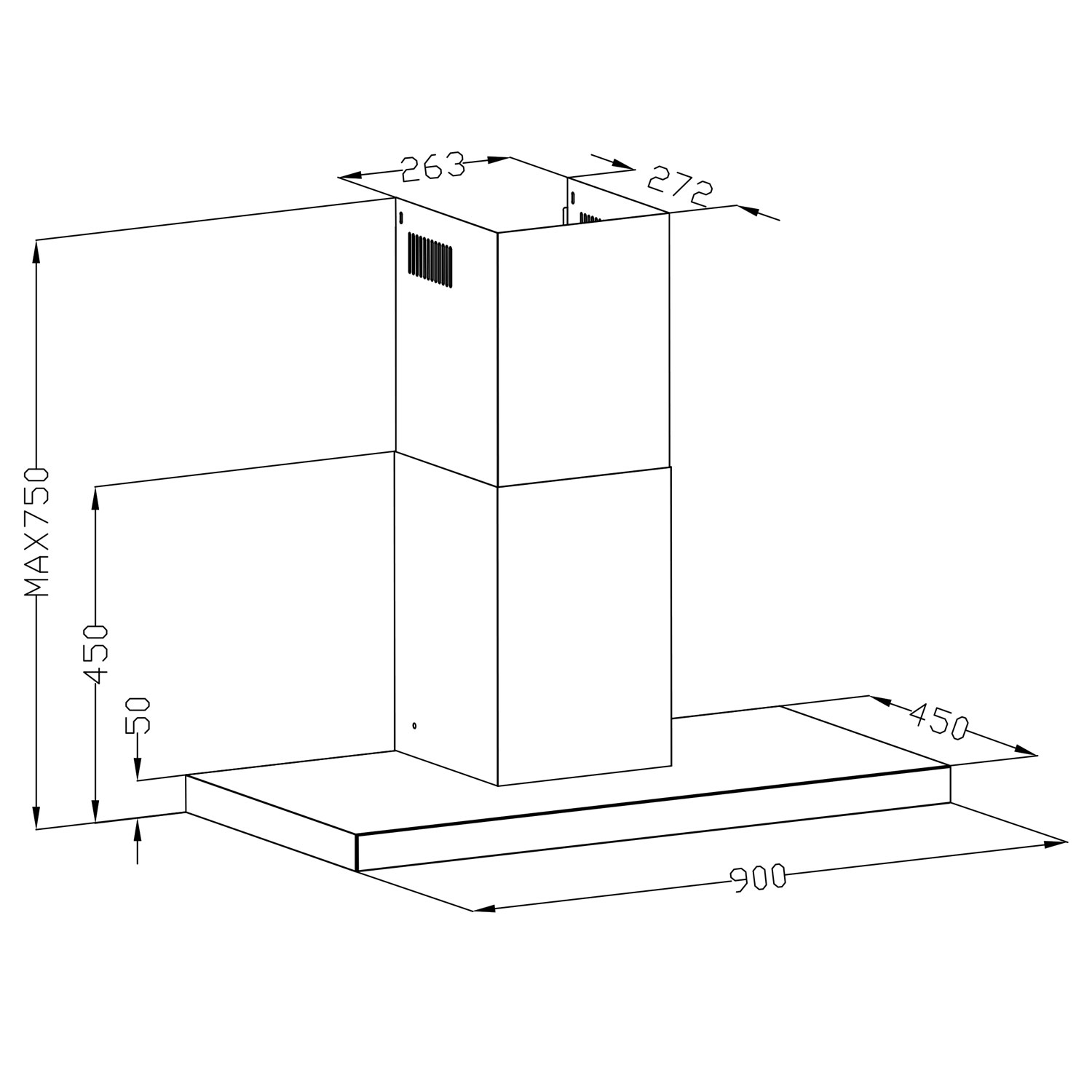 Rysunek architektoniczny okapu kuchennego, pokazujący wymiary. Okap jest prostokątny z kominem. Wymiary w milimetrach.