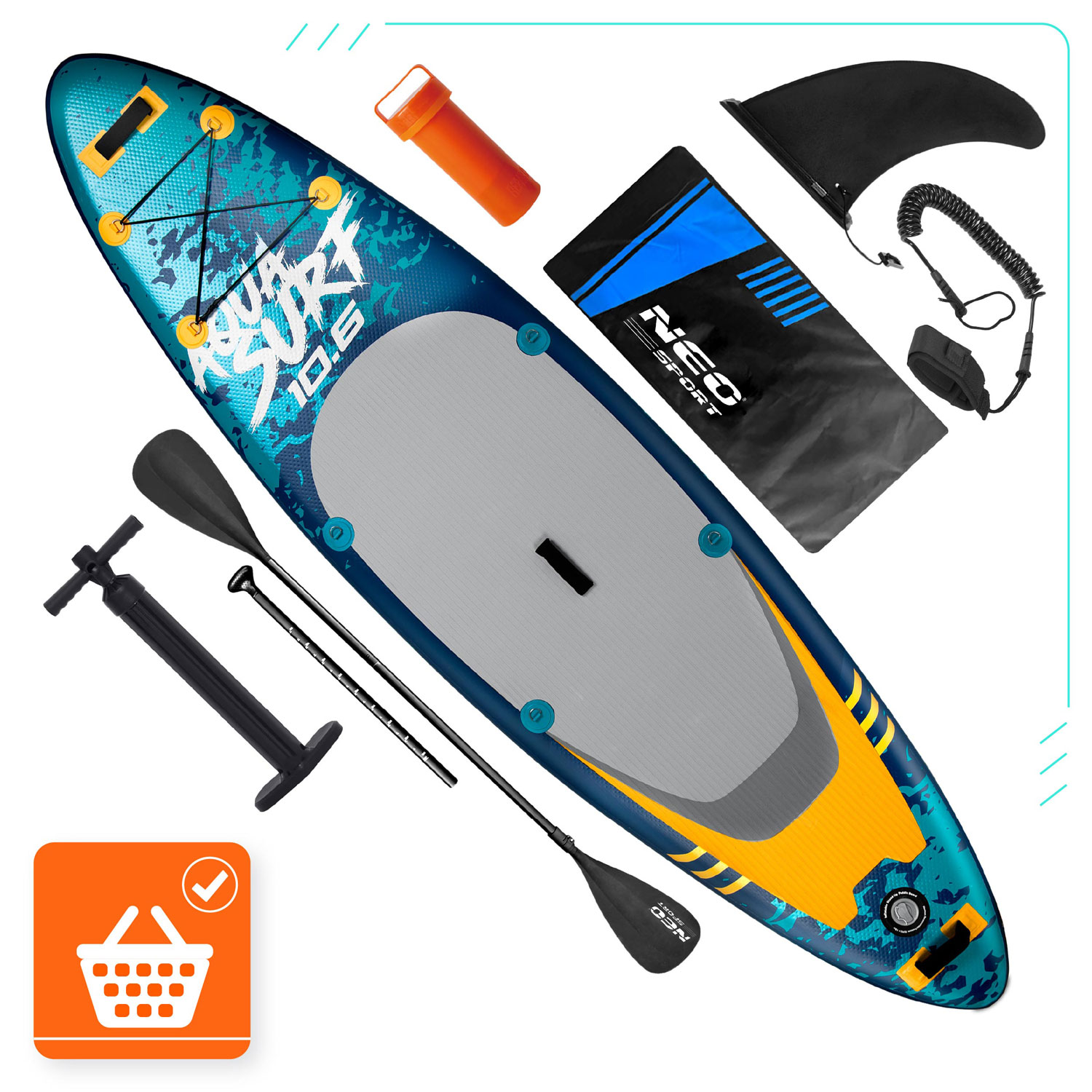 Wyświetlany jest kompletny zestaw paddleboard. Zawiera deskę, wiosło, pompkę, płetwę, smycz i wodoodporną torbę, wszystko na białym tle.