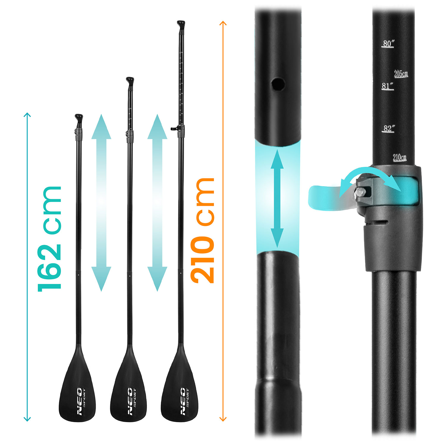 Trzy czarne wiosła z regulowaną wysokością, oznaczone 162cm i 210cm. Szczegóły pokazują mechanizm regulacji i oznaczenia długości.