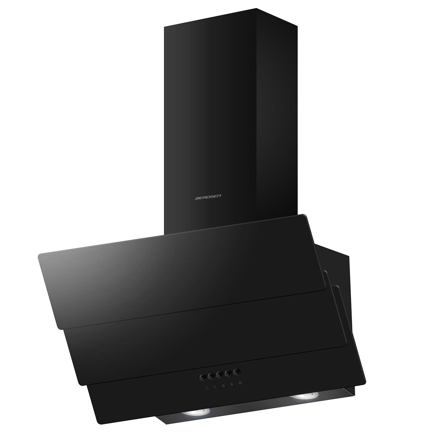 Czarny okap kuchenny. Ma prostokątny komin i skośną, warstwową osłonę. Widoczna jest nazwa marki BEROSEN.