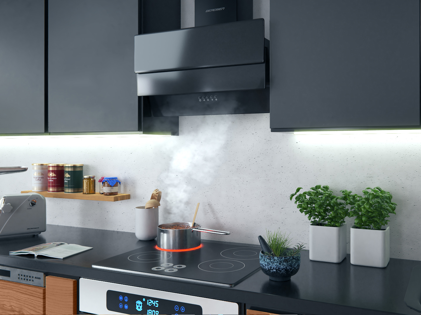 Scena kuchenna z garnkiem na kuchence. Widoczne szafki, okap, rośliny i słoiki. Para unosi się z garnka.