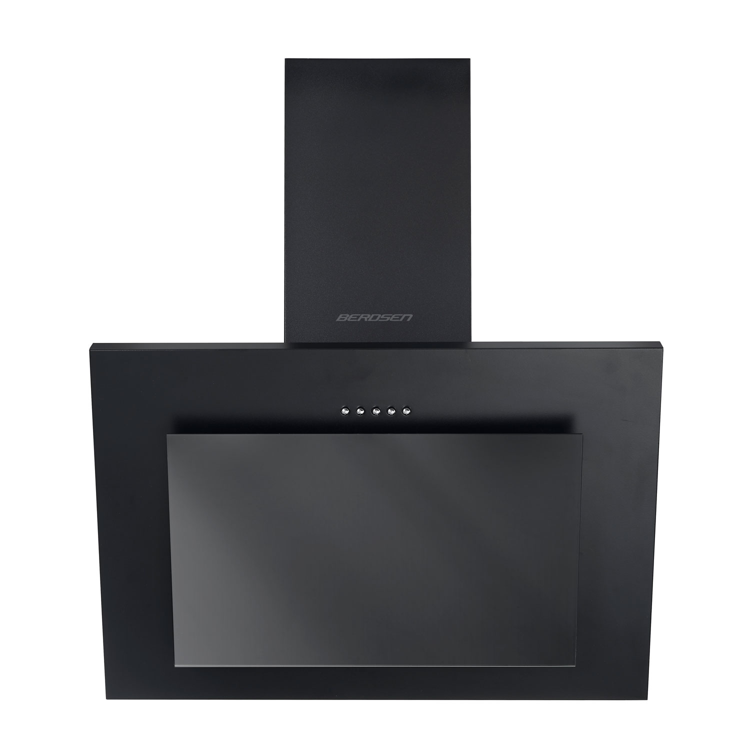 Czarny okap BEROSEN jest wyświetlany na białym tle. Ma prostokątny kształt z szklanym panelem i przyciskami sterowania.