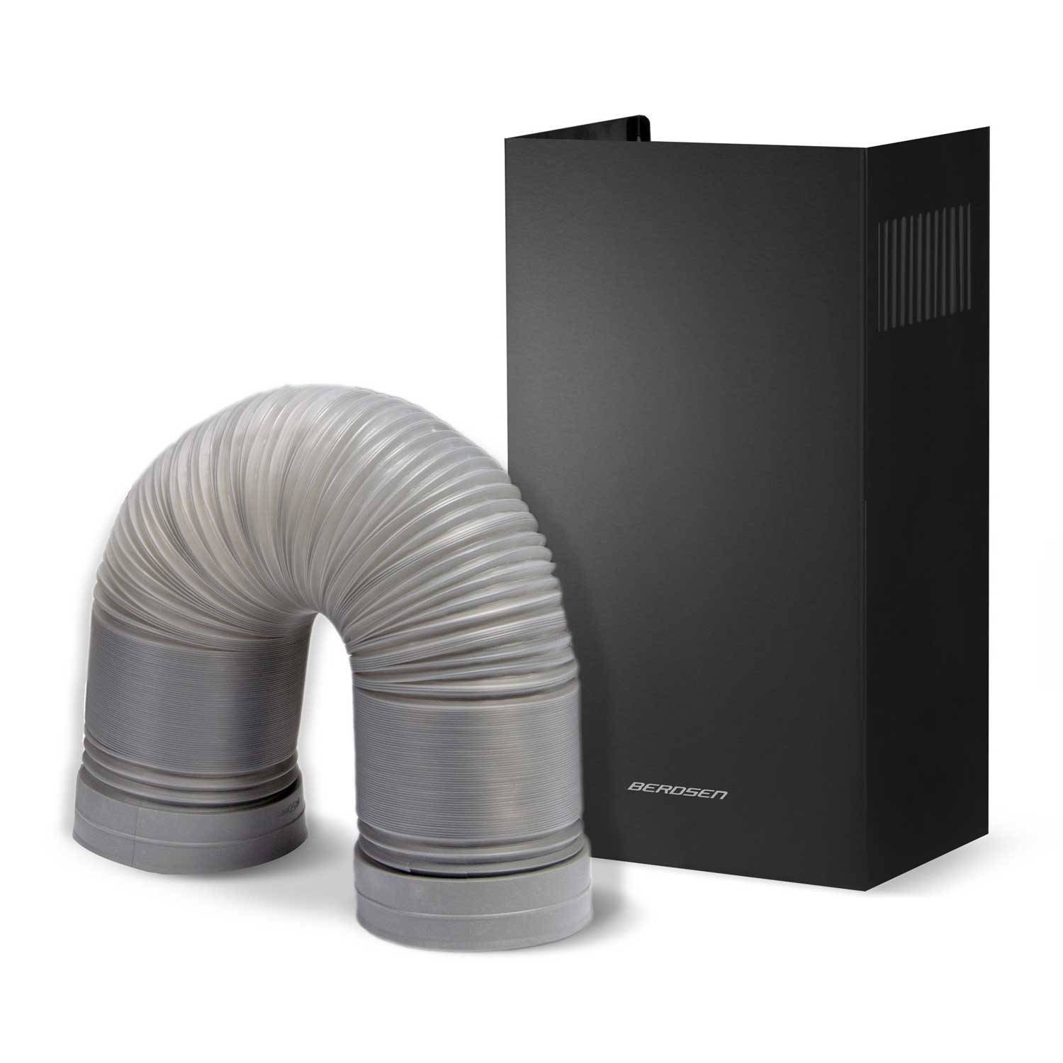 Czarny okap kuchenny z elastyczną rurą wentylacyjną. Okap ma markę. Rura wentylacyjna jest szara i elastyczna.