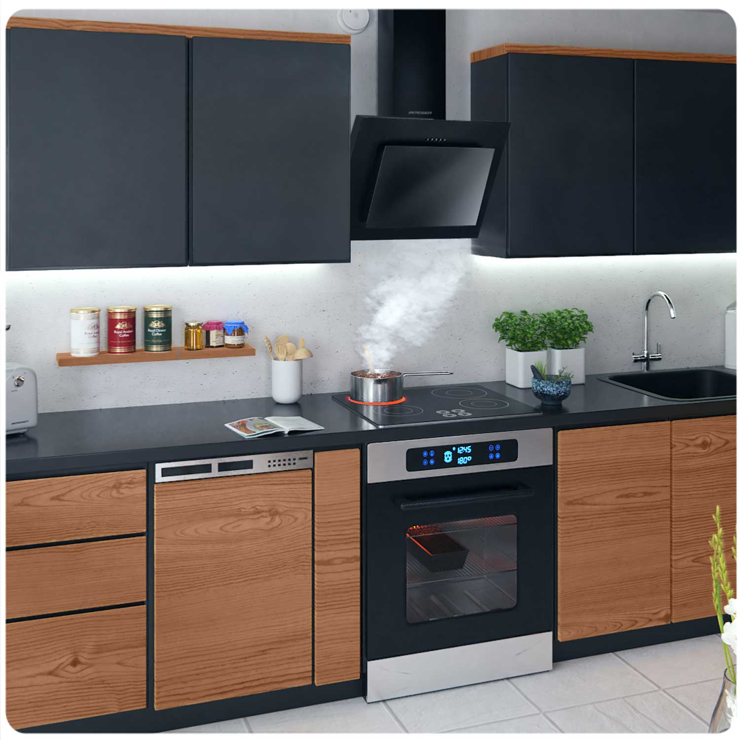 Nowoczesna kuchnia z czarnymi szafkami, drewnianymi drzwiami, płytą grzewczą z parą i piekarnikiem. Słoiki i rośliny na blacie.