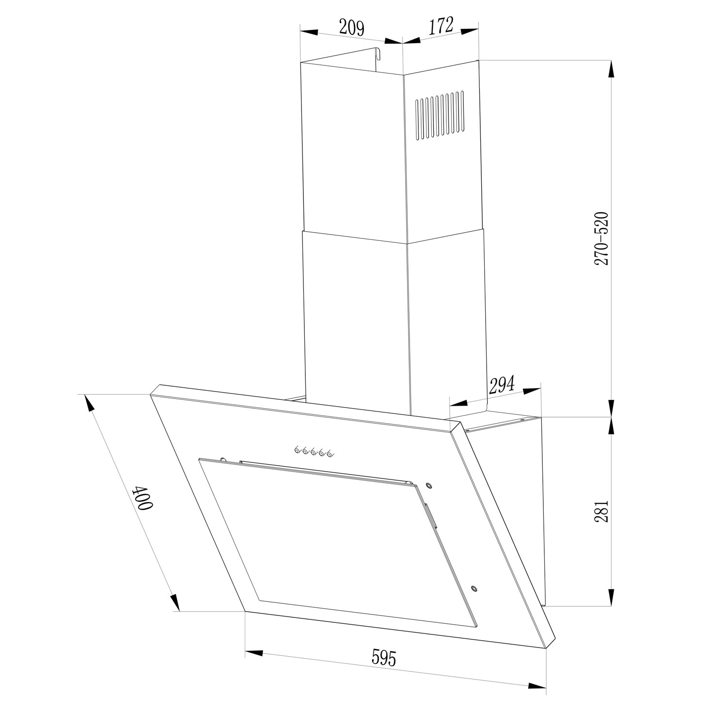 Schematyczny rysunek okapu kuchennego z wymiarami w milimetrach. Okap jest biały, kątowy z prostokątnym kominem.