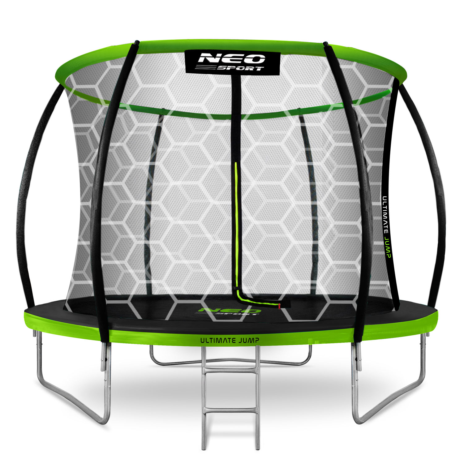 Trampolina z zieloną ramą, czarną siatką i siatką zabezpieczającą. Ma drabinę i markę 'NEO SPORT'.