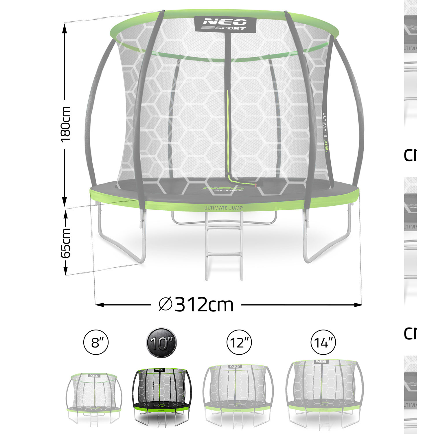 Zielono-czarna trampolina Neo Sport, z wymiarami. Zawiera siatkę bezpieczeństwa, drabinę i opcje rozmiarów od 8" do 14".