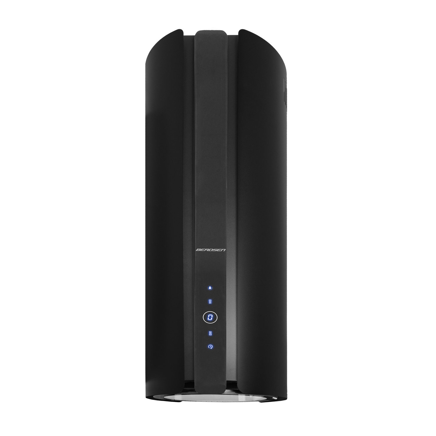 Czarny okap kuchenny Berdsen. Ma cylindryczny kształt z panelem sterowania i świecącymi na niebiesko światłami.