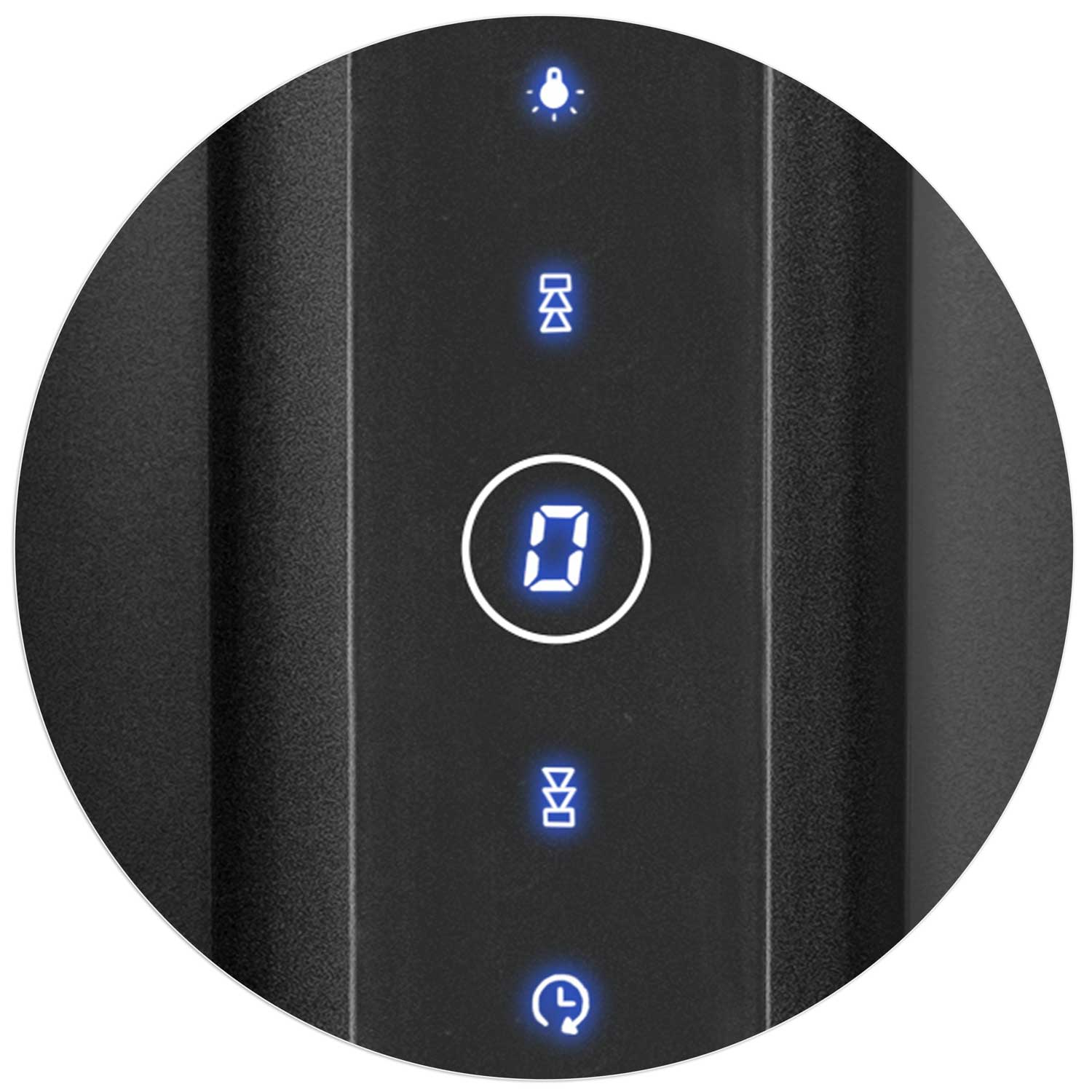 Okrągły panel sterowania z podświetlanym na niebiesko wyświetlaczem '0'. Widoczne są również symbole światła, prędkości wentylatora i zasilania.