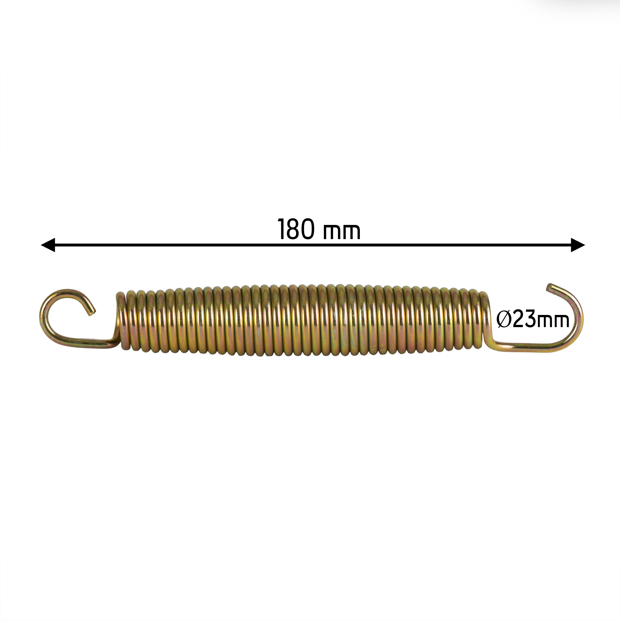 Wyświetlana jest złota sprężyna. Sprężyna ma 180 mm długości i 23 mm średnicy. Ma haki na obu końcach.