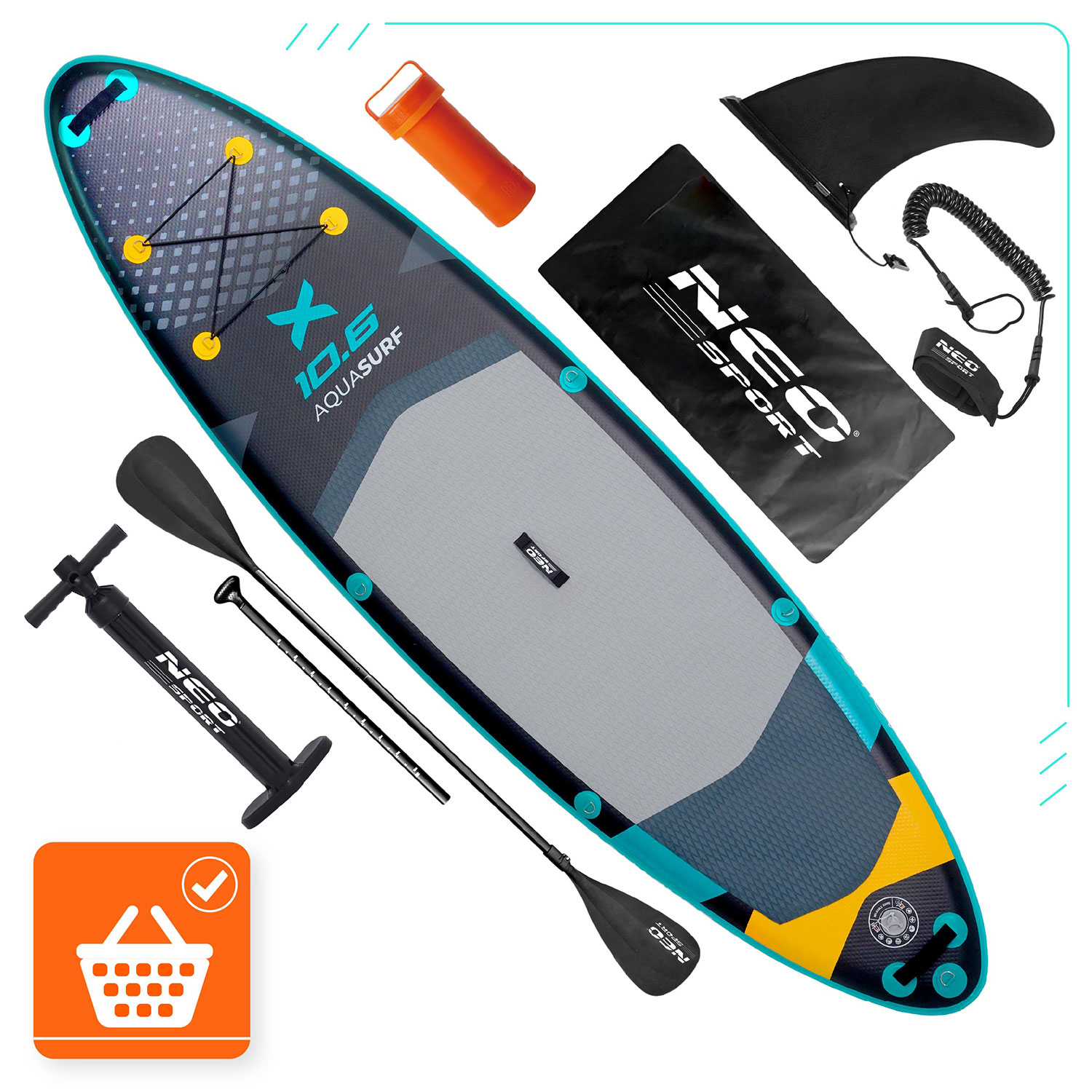 Zestaw deski SUP z wiosłem, pompką, płetwą, smyczą i akcesoriami. Deska jest niebieska, czarna i żółta. Akcesoria są czarne i pomarańczowe.