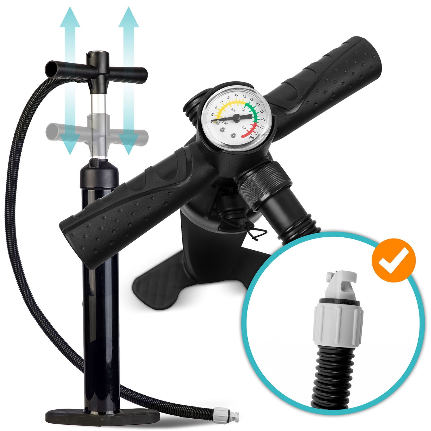 Czarna i srebrna pompka nożna z manometrem, wężem i złączem. Strzałki pokazują pompowanie. Szczegółowe złącze.