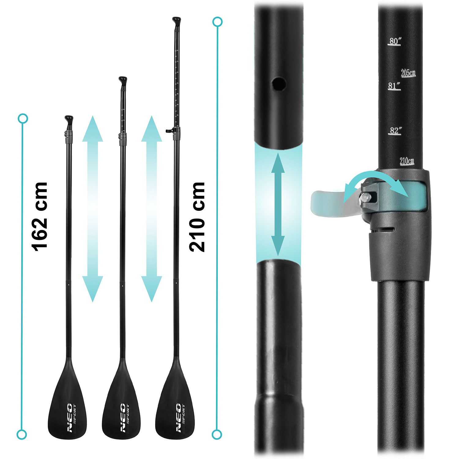 Trzy czarne, regulowane wiosła. Wymiary pokazane na 162 cm i 210 cm. Szczegółowy widok mechanizmu regulacji wiosła.