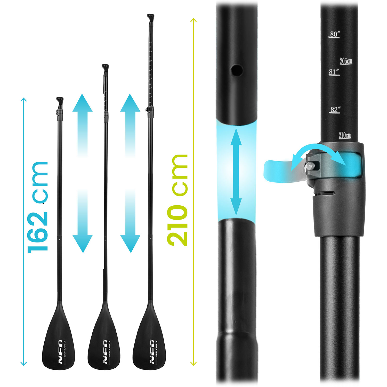Trzy czarne wiosła o różnych długościach, ze strzałkami wskazującymi regulację. Rozłożone wiosło ma 210 cm.