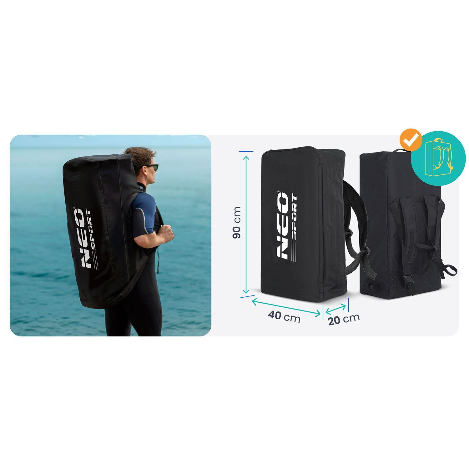 Mężczyzna w kombinezonie niesie czarną torbę z napisem NEO SPORT. Wymiary 90x40x20cm. Błękitne morze w tle. Ikona plecaka.