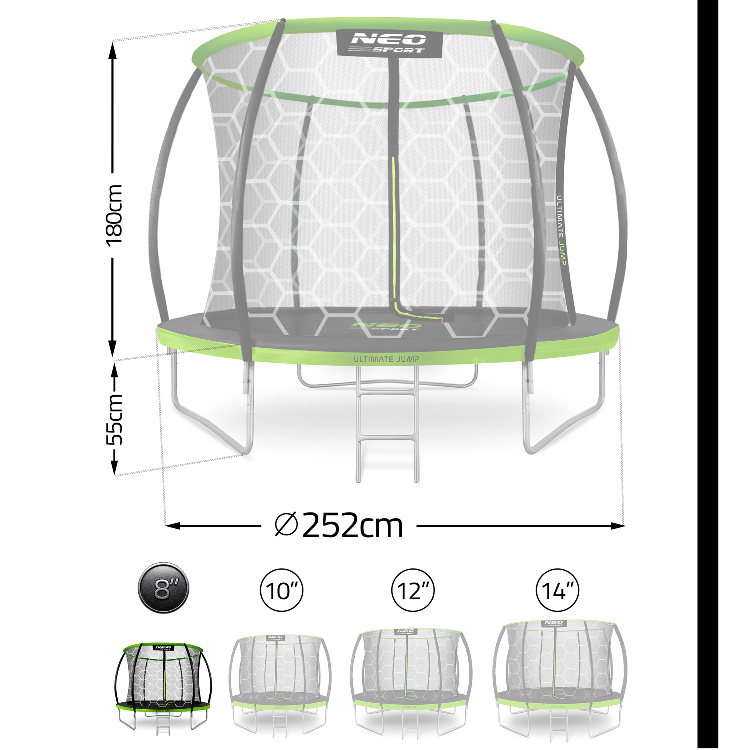 Trampolina z wymiarami, w tym wysokością (180cm), średnicą (252cm) i różnymi rozmiarami (8", 10", 12", 14").