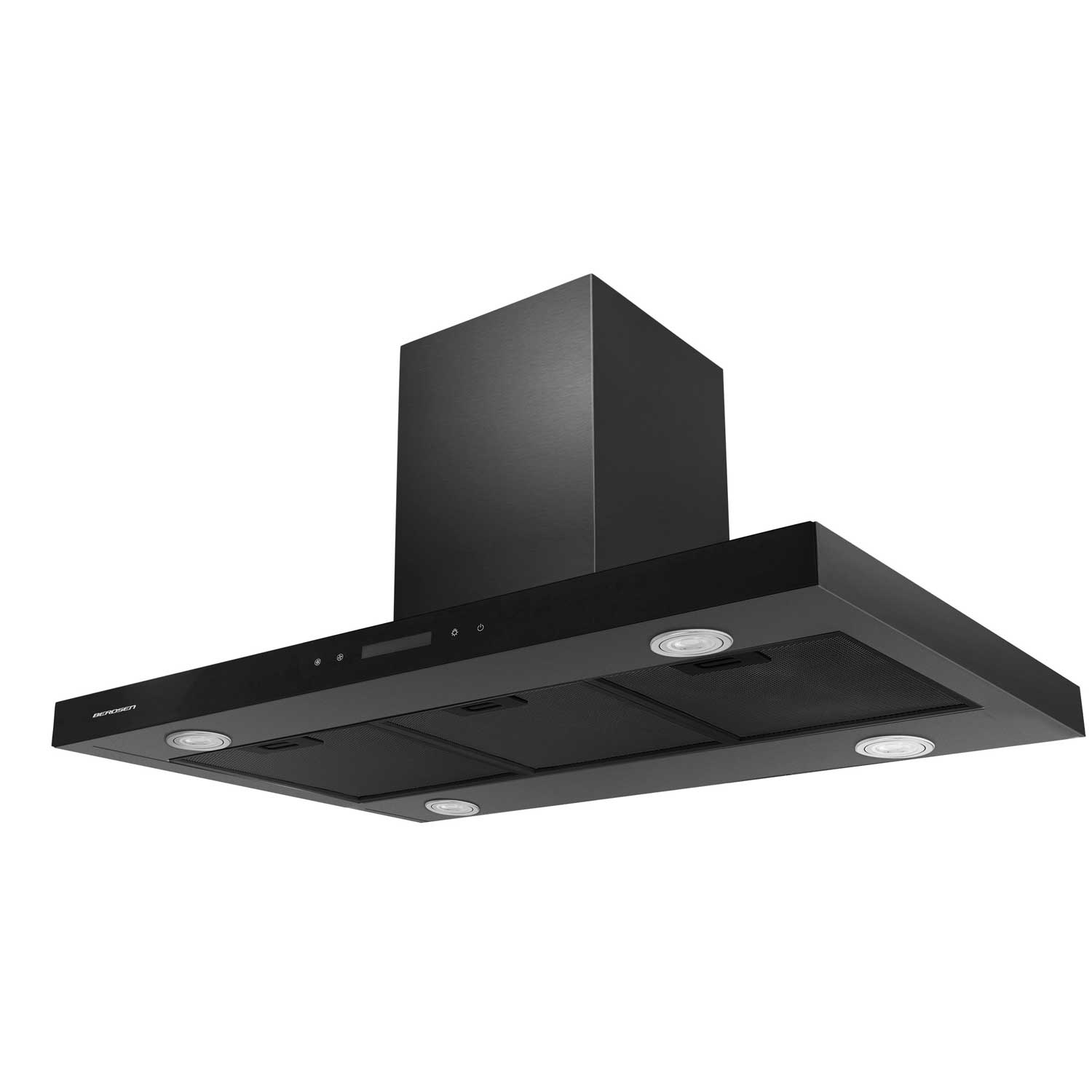 Czarny okap z wieloma światłami i filtrami. Widoczna nazwa marki.