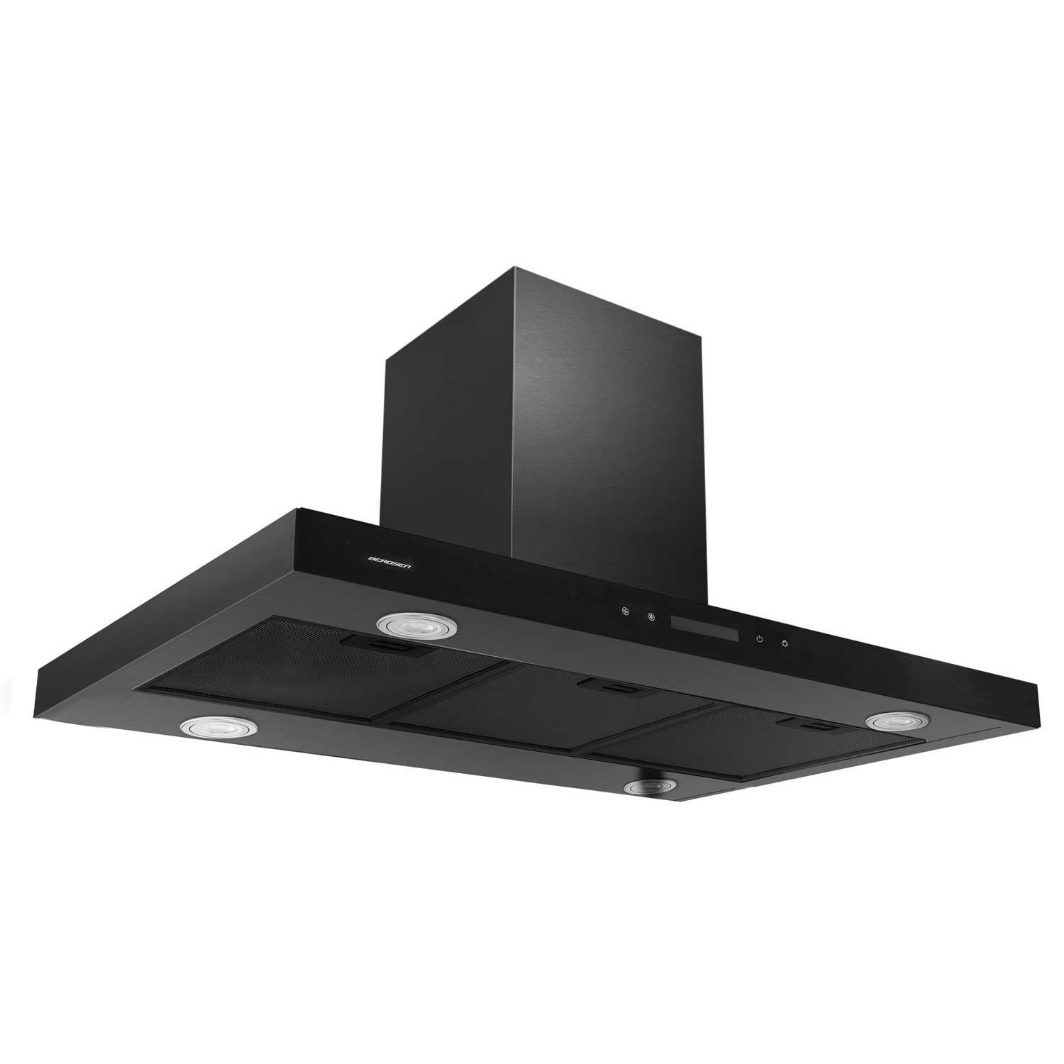 Czarny okap kuchenny, z prostokątnym korpusem i pionowym kominem. Posiada wbudowane światła i wyświetlacz cyfrowy.