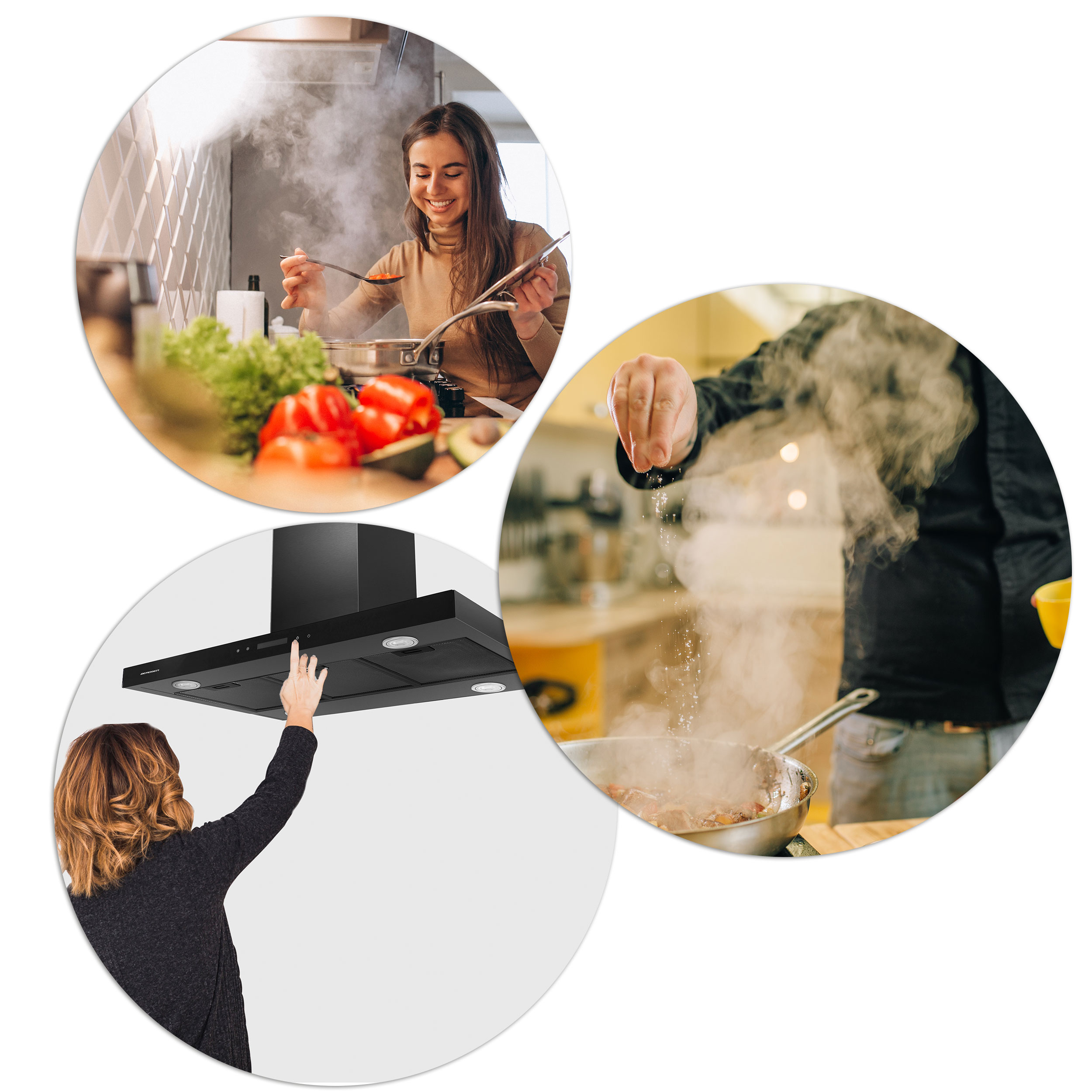 Kobieta gotuje na parze, druga dodaje sól, a trzecia obsługuje czarny okap kuchenny. Widoczne są warzywa.