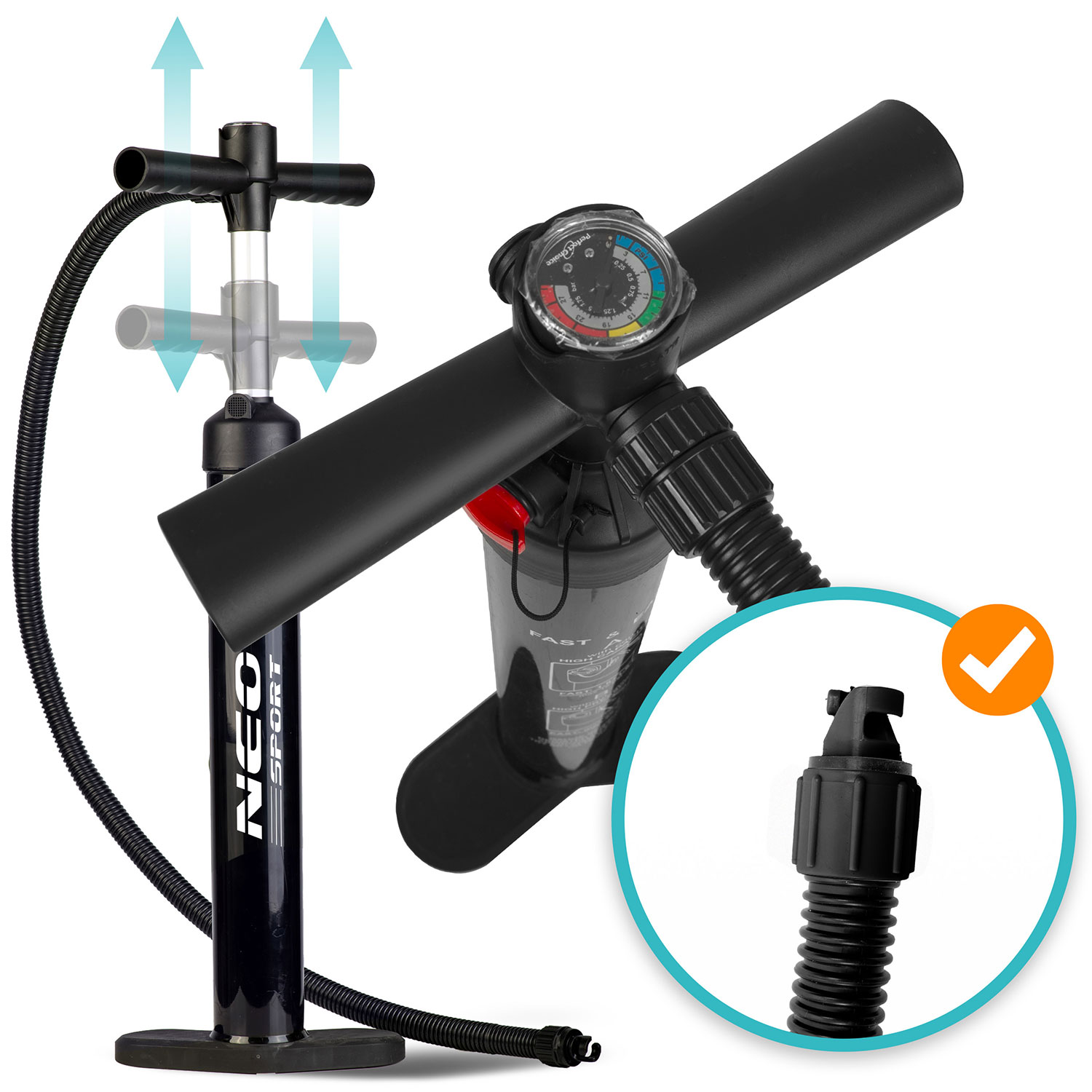 Czarna i srebrna pompka ręczna z manometrem, wężem i szczegółowym zbliżeniem dyszy. Strzałki wskazują działanie pompowania.