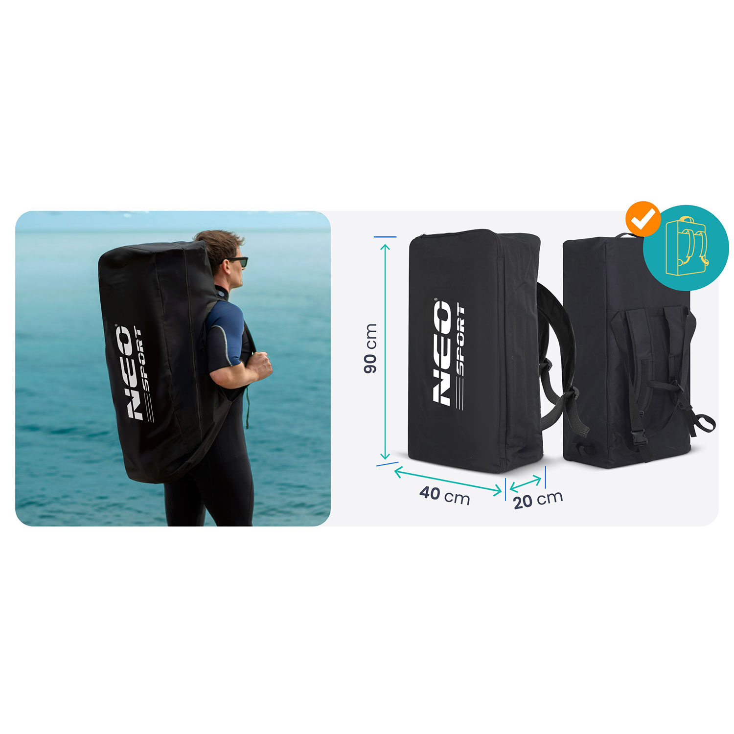 Mężczyzna w kombinezonie do nurkowania niesie czarną torbę z napisem "NEO SPORT". Torba jest pokazana z wymiarami. Morze w tle.