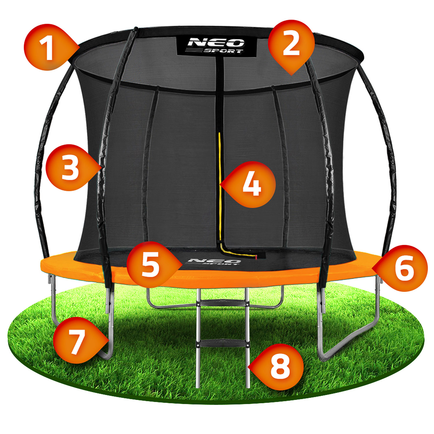 Czarna trampolina z pomarańczowymi akcentami na zielonej trawie. Posiada siatkę ochronną i drabinę. Widoczna jest marka 'NEO SPORT'.