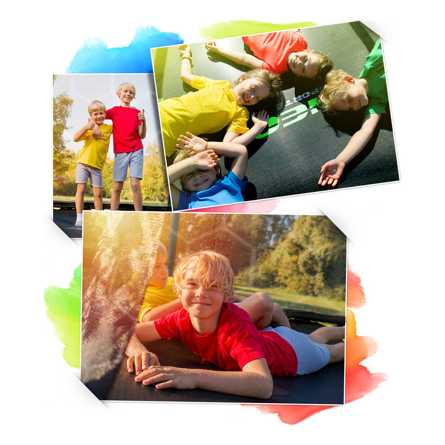 Dzieci na trampolinie. Niektórzy pokazują kciuki w górę. Inni leżą. Mają na sobie kolorowe koszule i szorty.