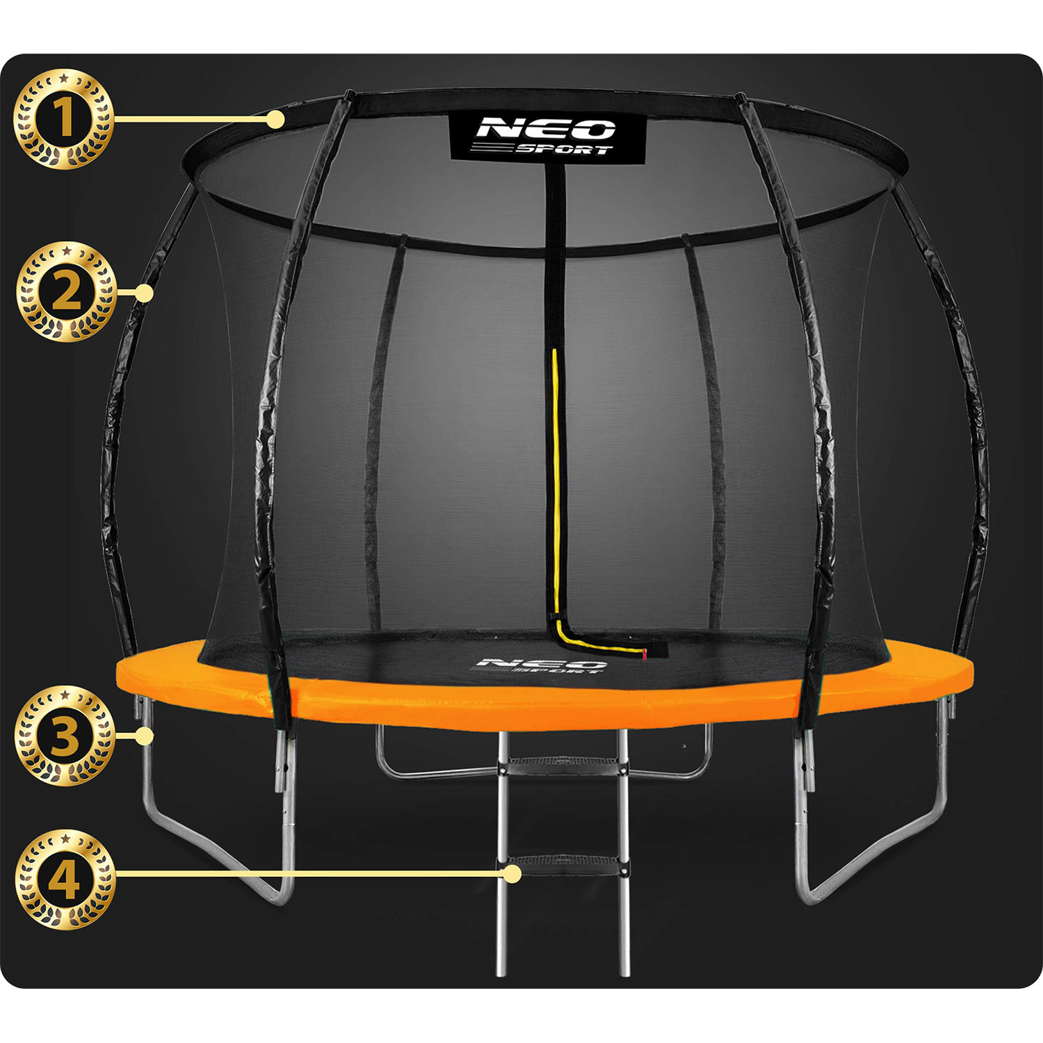 Pomarańczowa trampolina z czarną siatką ochronną. Ma metalową ramę i żółty wspornik. Marka to Neo Sport.