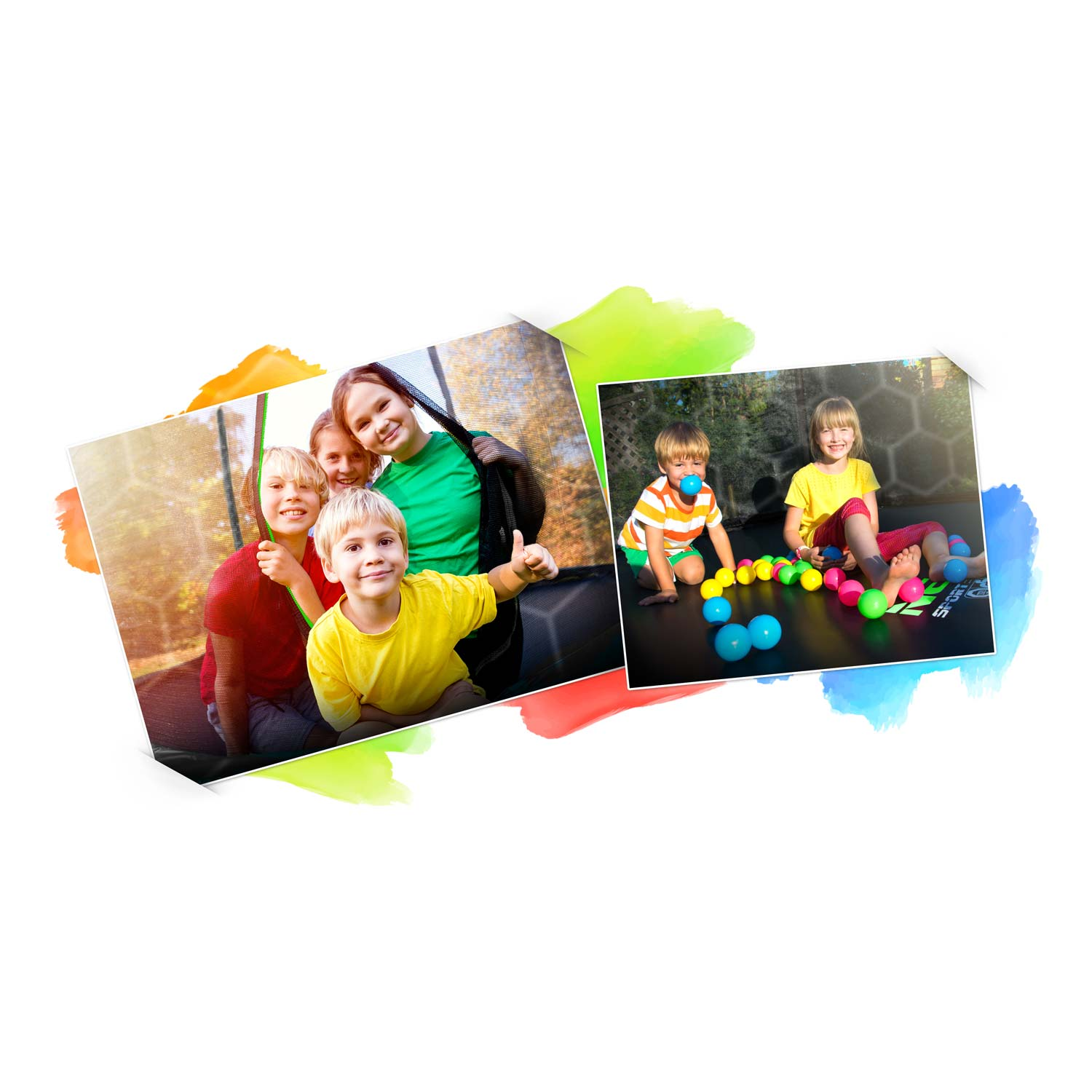 Dwa zdjęcia na białym tle. Na jednym dzieci na trampolinie, na drugim dzieci bawiące się kolorowymi piłkami.